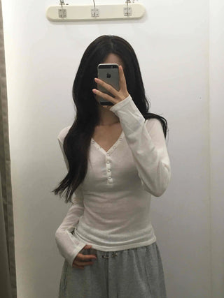 Daily Button Snap Plain Long Sleeve T-shirt