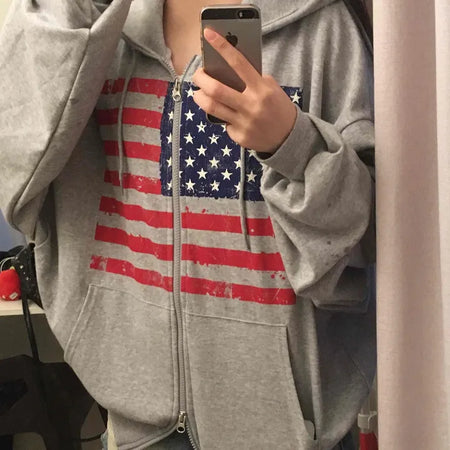 Gray Minimalist American Flag Basic Zip-up Hoodie