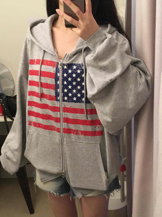 Gray Minimalist American Flag Basic Zip-up Hoodie