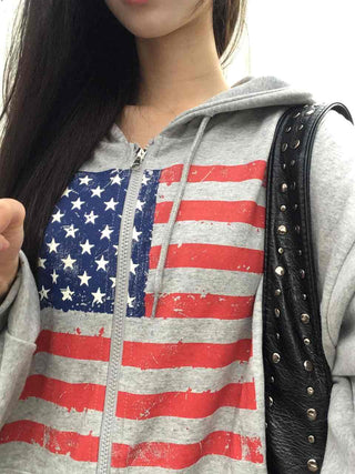 Gray Minimalist American Flag Basic Zip-up Hoodie