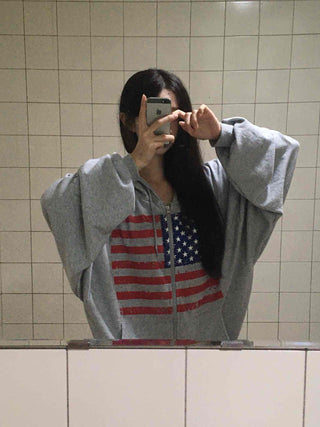 Gray Minimalist American Flag Basic Zip-up Hoodie