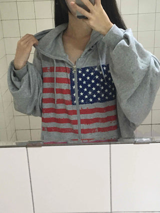 Gray Minimalist American Flag Basic Zip-up Hoodie