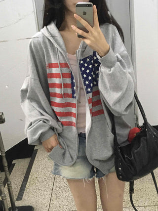 Gray Minimalist American Flag Basic Zip-up Hoodie
