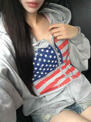 Gray Minimalist American Flag Basic Zip-up Hoodie