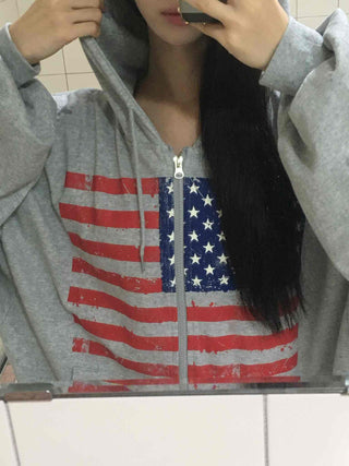 Gray Minimalist American Flag Basic Zip-up Hoodie