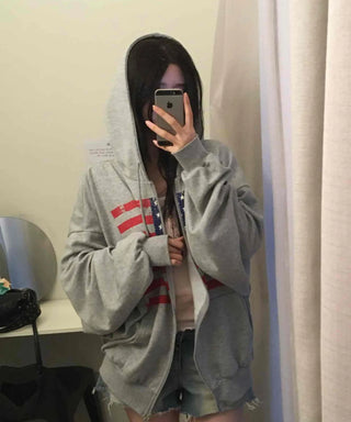 Gray Minimalist American Flag Basic Zip-up Hoodie