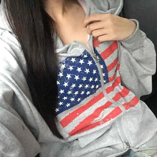 Gray Minimalist American Flag Basic Zip-up Hoodie