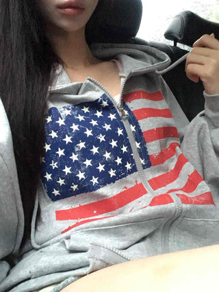 Gray Minimalist American Flag Basic Zip-up Hoodie