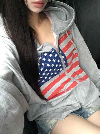 Gray Minimalist American Flag Basic Zip-up Hoodie