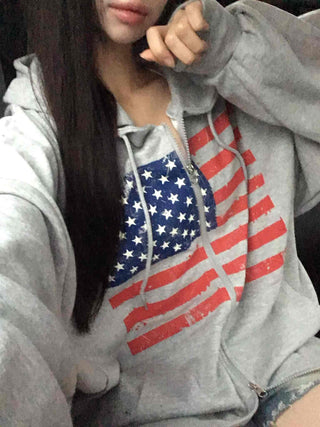 Gray Minimalist American Flag Basic Zip-up Hoodie