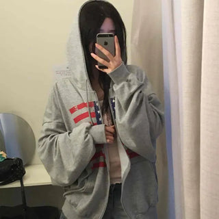 Gray Minimalist American Flag Basic Zip-up Hoodie