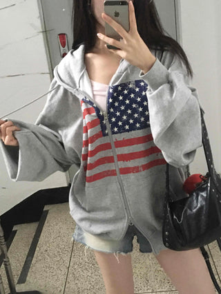 Gray Minimalist American Flag Basic Zip-up Hoodie
