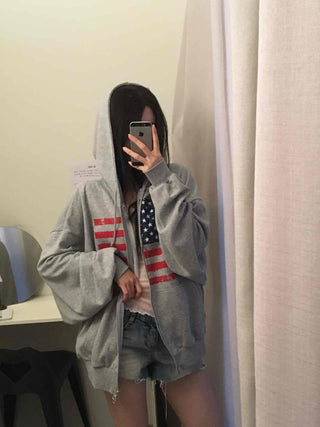 Gray Minimalist American Flag Basic Zip-up Hoodie