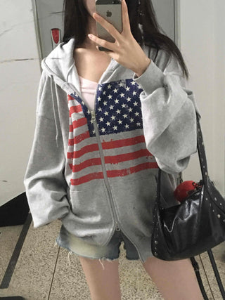 Gray Minimalist American Flag Basic Zip-up Hoodie