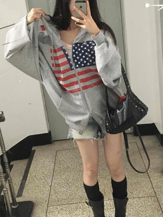 Gray Minimalist American Flag Basic Zip-up Hoodie
