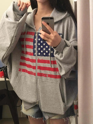 Gray Minimalist American Flag Basic Zip-up Hoodie