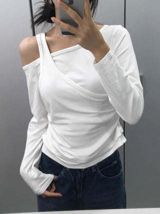 Double Layer Side Shirred Long Sleeve T-shirt