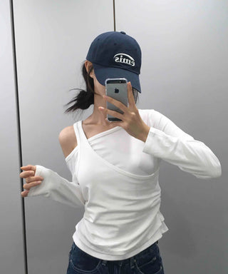 Double Layer Side Shirred Long Sleeve T-shirt