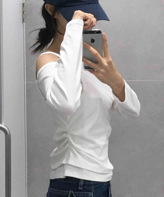 Double Layer Side Shirred Long Sleeve T-shirt