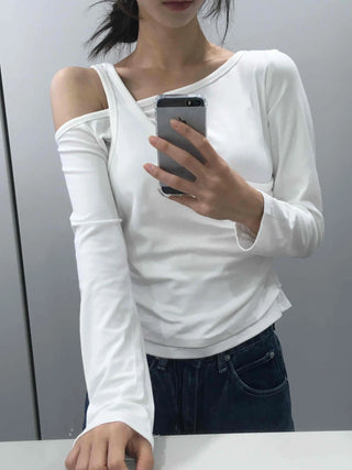 Double Layer Side Shirred Long Sleeve T-shirt