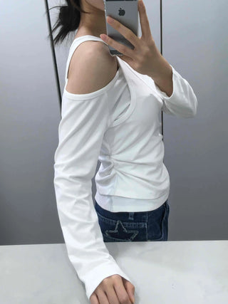 Double Layer Side Shirred Long Sleeve T-shirt