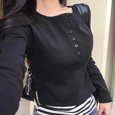 Simple Stripe Button Long Sleeve T-shirt