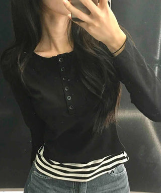 Simple Stripe Button Long Sleeve T-shirt
