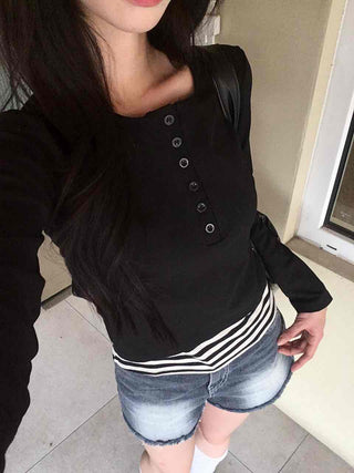Simple Stripe Button Long Sleeve T-shirt