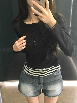 Simple Stripe Button Long Sleeve T-shirt