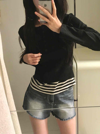 Simple Stripe Button Long Sleeve T-shirt
