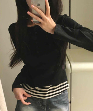 Simple Stripe Button Long Sleeve T-shirt