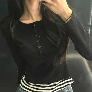 Simple Stripe Button Long Sleeve T-shirt