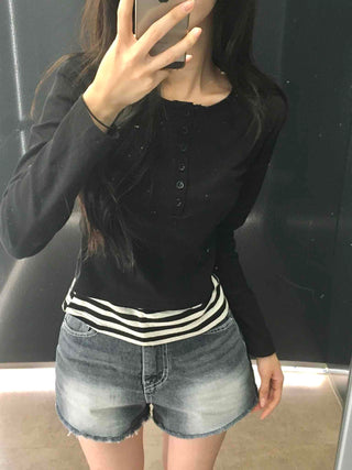 Simple Stripe Button Long Sleeve T-shirt