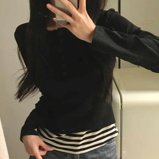 Simple Stripe Button Long Sleeve T-shirt