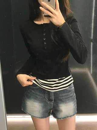 Simple Stripe Button Long Sleeve T-shirt