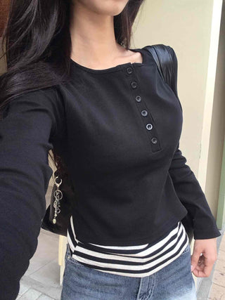 Simple Stripe Button Long Sleeve T-shirt