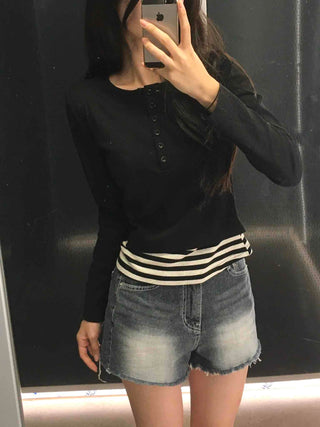 Simple Stripe Button Long Sleeve T-shirt