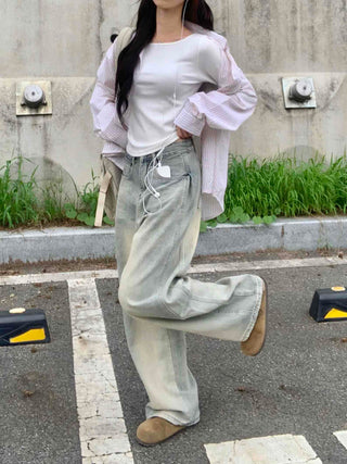 Vintage Washed Side Pintuck Denim Long Pants