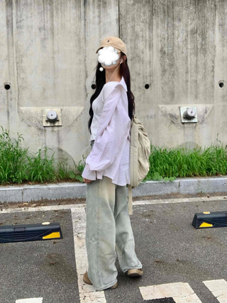 Vintage Washed Side Pintuck Denim Long Pants