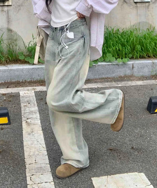 Vintage Washed Side Pintuck Denim Long Pants