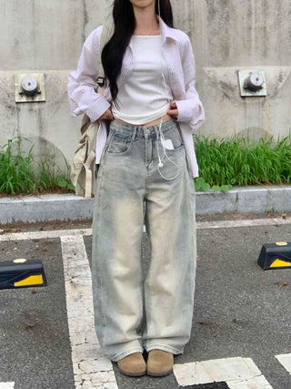 Vintage Washed Side Pintuck Denim Long Pants