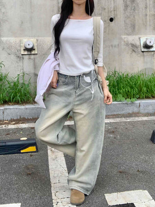 Vintage Washed Side Pintuck Denim Long Pants