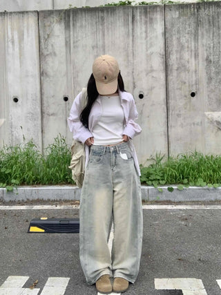 Vintage Washed Side Pintuck Denim Long Pants
