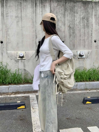 Vintage Washed Side Pintuck Denim Long Pants