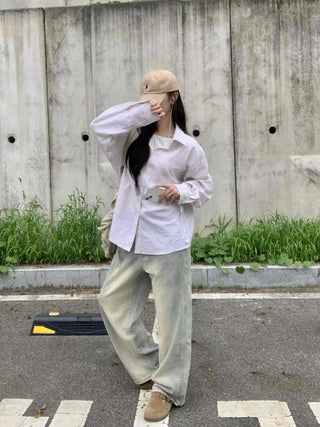 Vintage Washed Side Pintuck Denim Long Pants