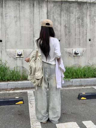 Vintage Washed Side Pintuck Denim Long Pants