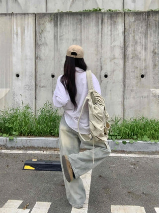 Vintage Washed Side Pintuck Denim Long Pants
