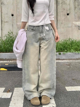 Vintage Washed Side Pintuck Denim Long Pants