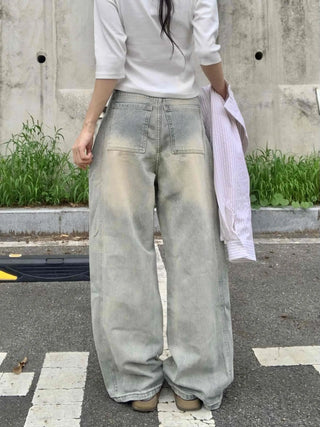 Vintage Washed Side Pintuck Denim Long Pants