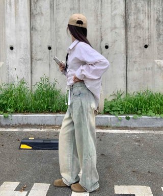 Vintage Washed Side Pintuck Denim Long Pants